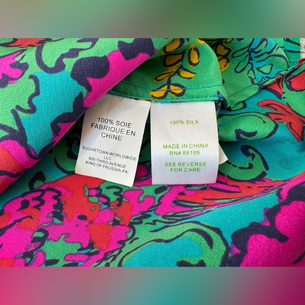 Lilly Pulitzer Elsa Silk Top Shake Your Tailfeather Pink Green Gold Size Small S - Picture 7 of 8